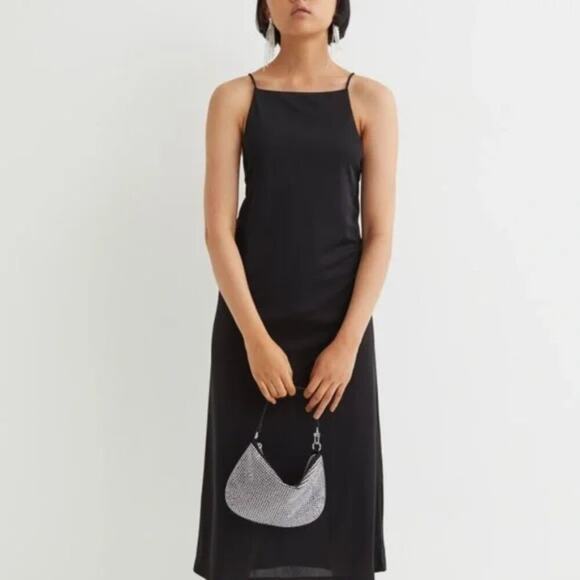 H&M LBD Black Spaghetti Strap Midi Slip Dress, Side Slit, Matte, Size M - Picture 2 of 10